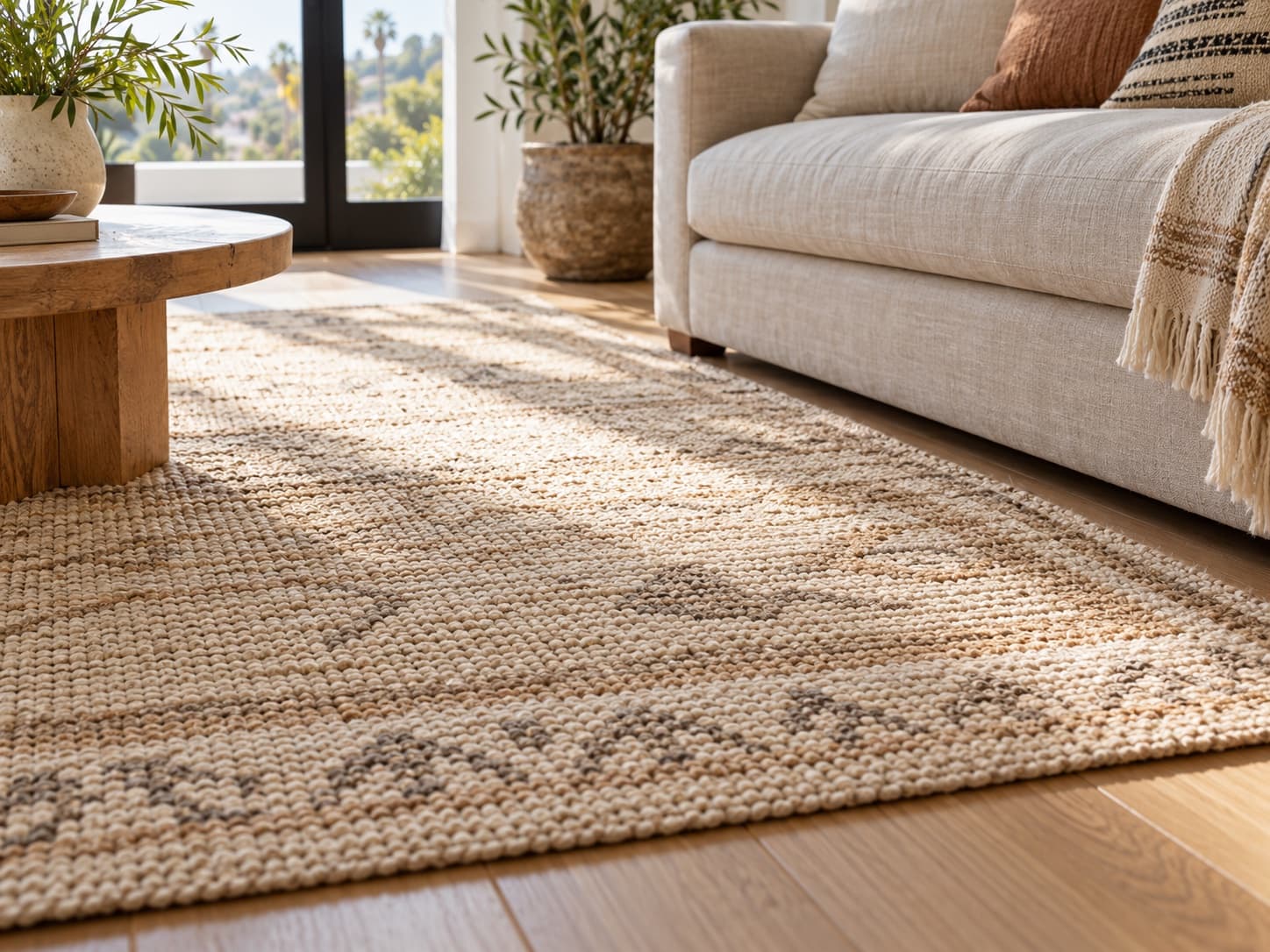 Textured area rug beside a sofa