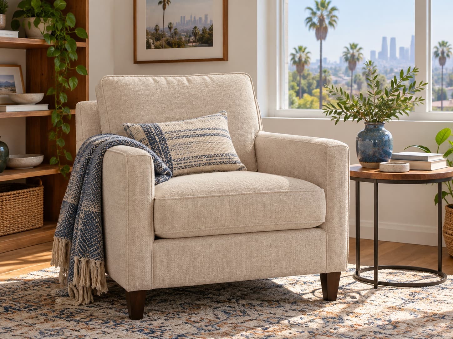 Upholstered armchair in a bright room