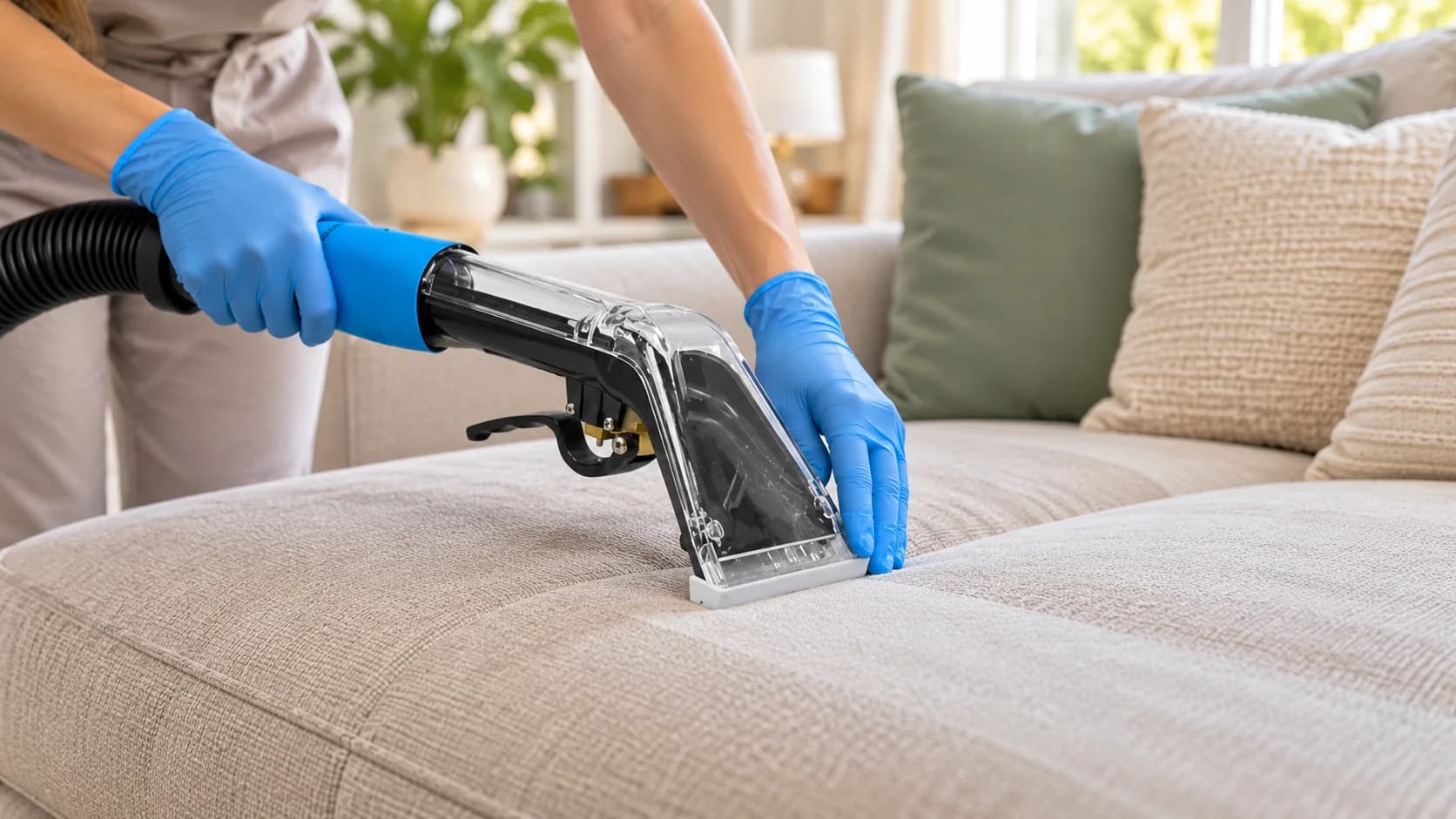 Technician carefully cleaning a sofa cushion with upholstery equipment