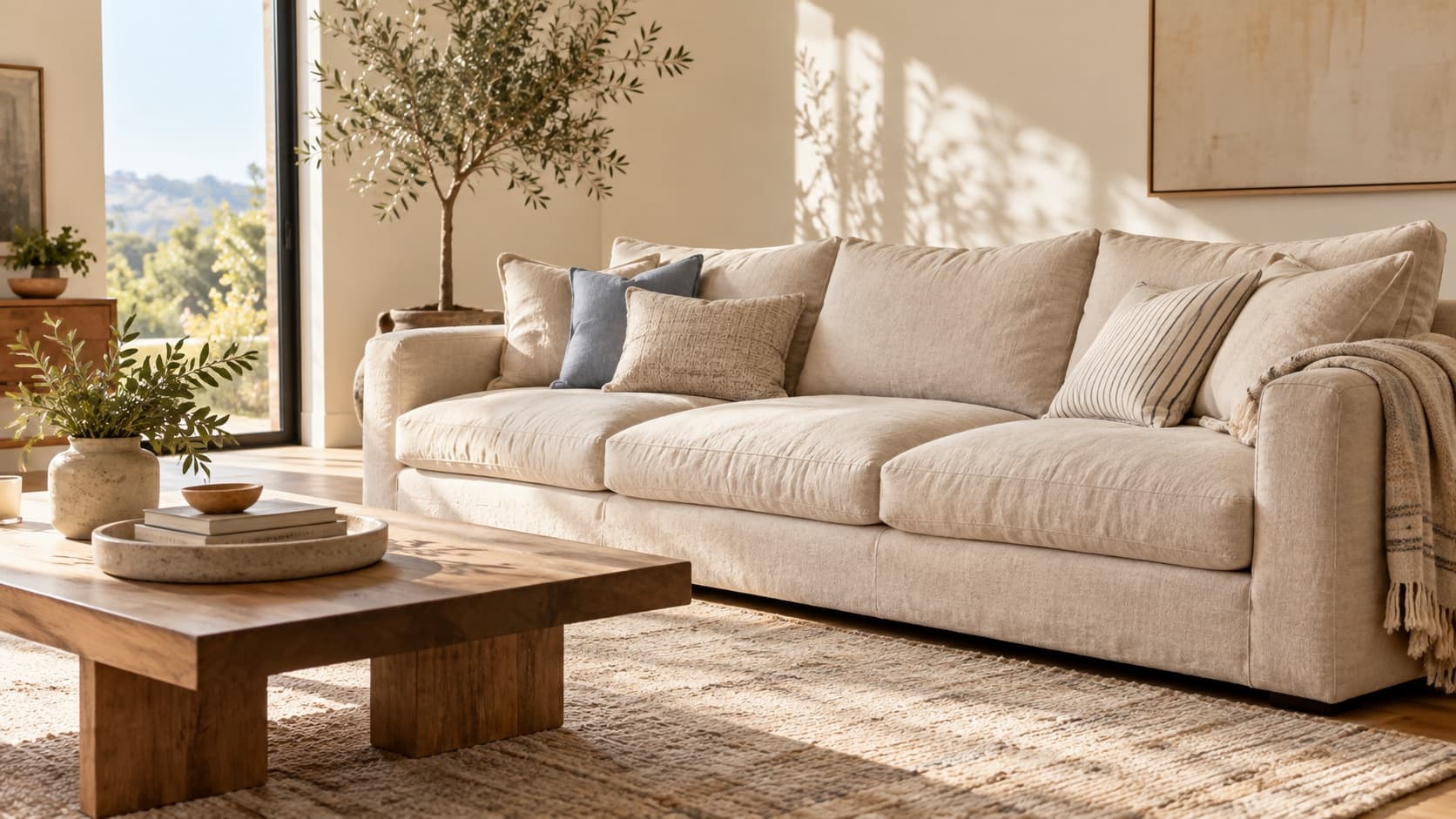 Fresh, comfortable sofa in a sunlit Los Angeles living room